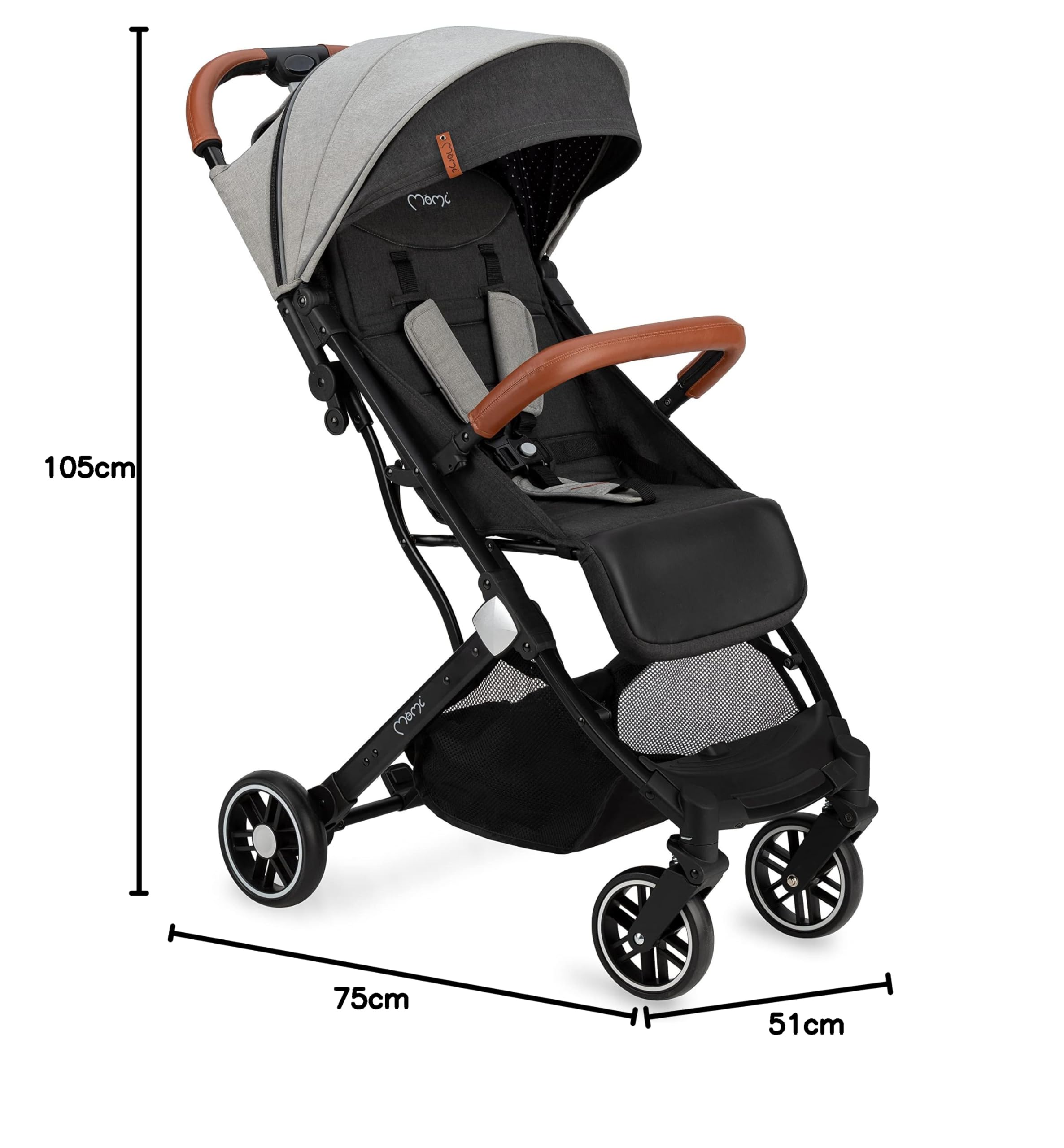 MoMi ESTELLE Silla de Paseo Ligera y Plegable, Carrito de Bebé Compacto con Respaldo Reclinable, Arnés Ajustable de 5 Puntos, Capota Protectora, Gran Cesta de Almacenaje, desde 6 Meses hasta 15 kg