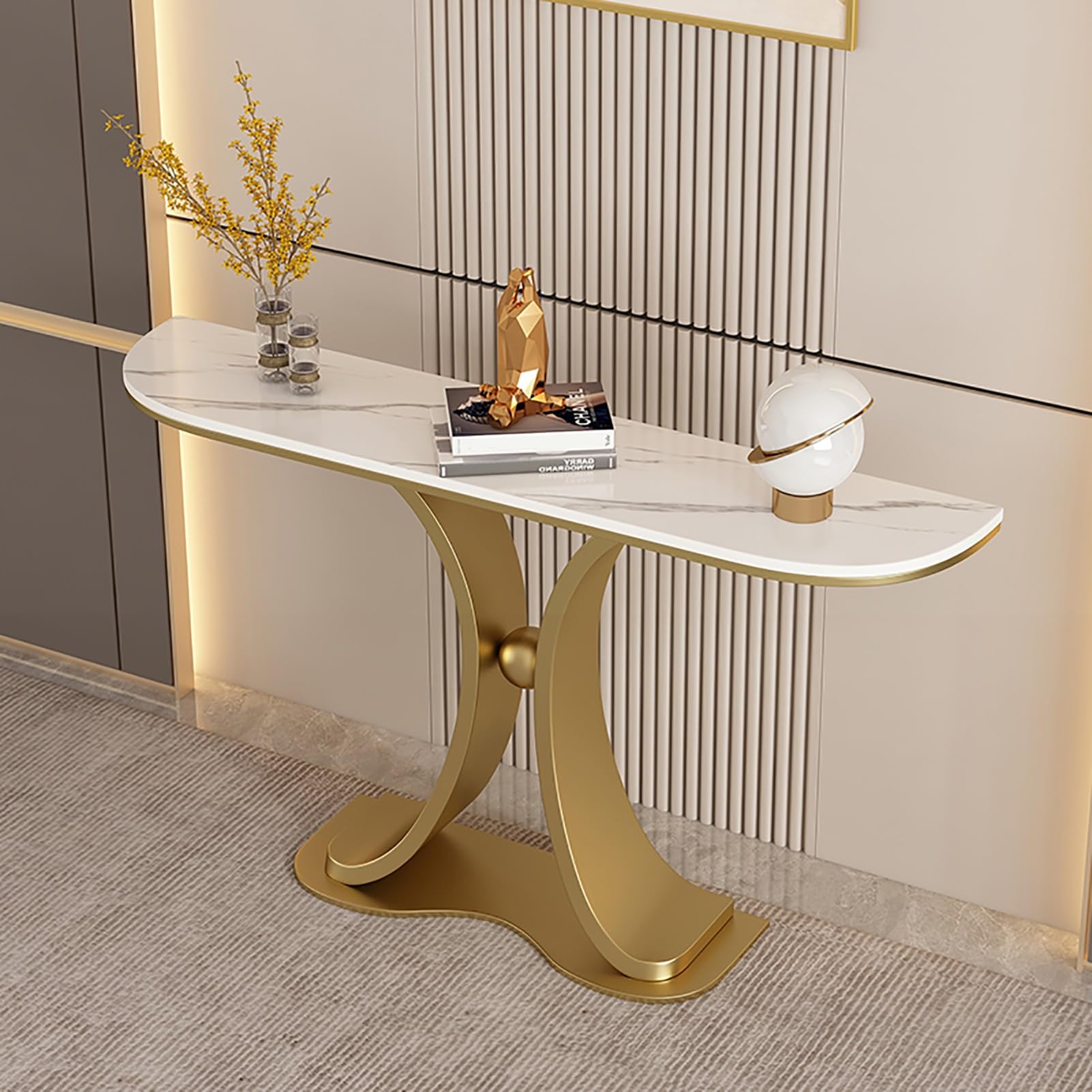 Consolle per Ingresso, tavolino Stretto e Lungo per Foyer con Base Geometrica in Metallo, tavolino d'appoggio per Soggiorno, Ingresso, corridoio, Camera da Letto (2.120 cm/47,5 Pollici)