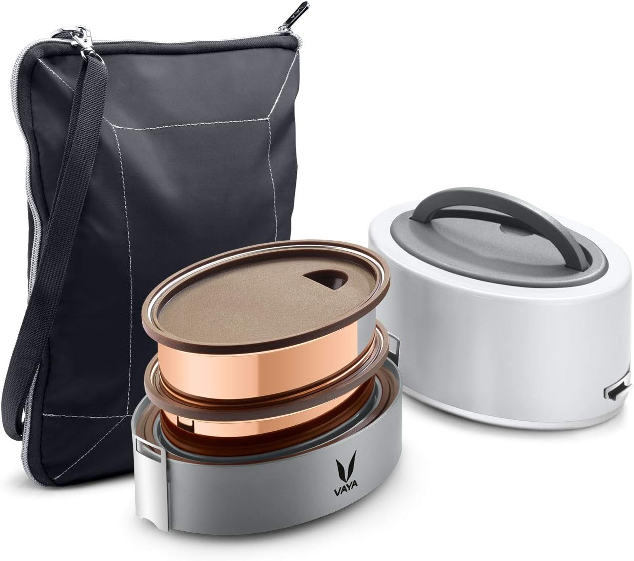 VAYA TYFFYN Lunch Box for Kids for School, Copper Finished Stainless Steel Tiffin Box with BagMat,Insulated Tiffin Box for Office for Men, 600ml with 2 Containers, Hot Lunch Box for Boys,White
