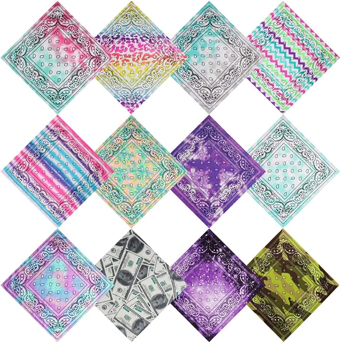 Tie Dye Paisley Handkerchief Bandanas Novelty Gradient Double Sided Classic 12 Pack Bandanas : Clothing, Shoes & Jewelry