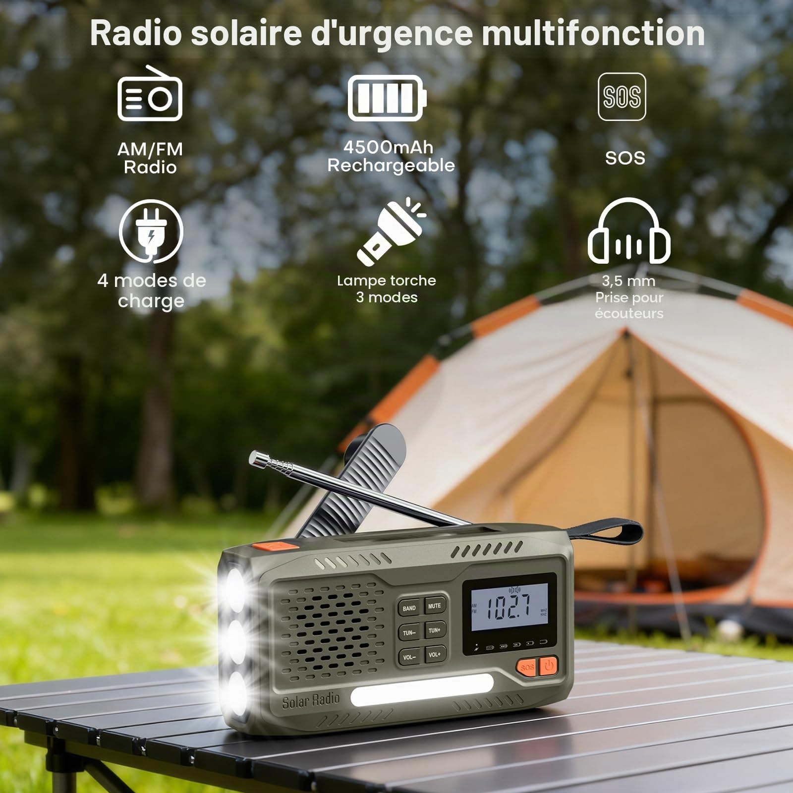Radio Survie, Radio Solaire Portable à Piles avec Batterie Rechargeable 4500mAh, AM/FM à Manivelle, Écran, Kit d'urgence avec Lampe, Alarme SOS et Le Chargement d'urgence du Téléphone Intelligent