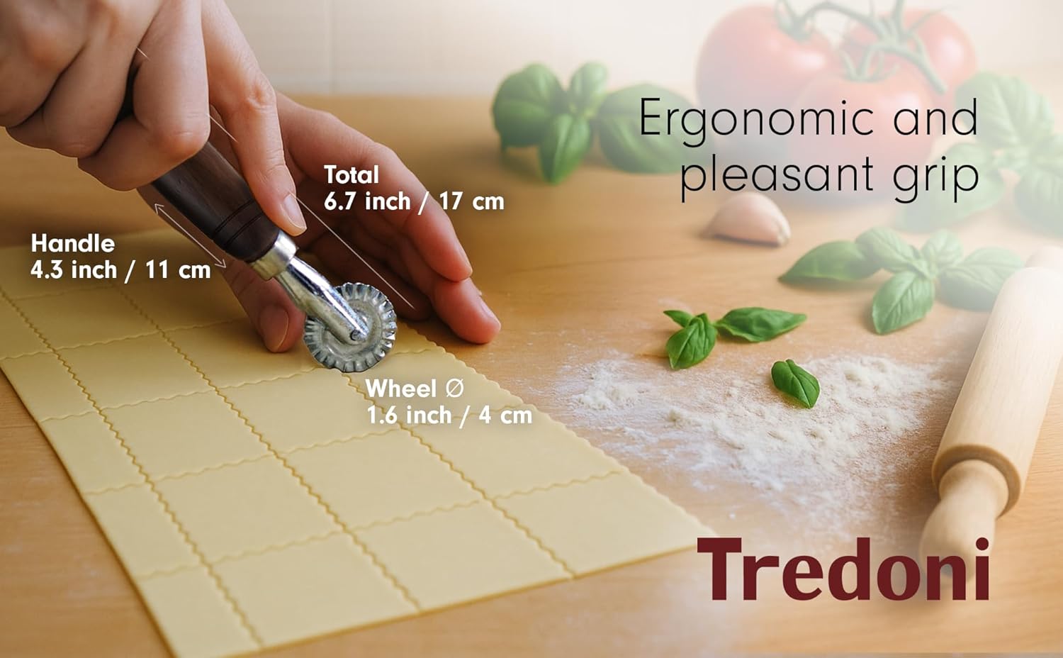 Tredoni 1.6" Pastry Wheel - Dough Stamp Cutter/Crimper, Pasta/Ravioli/Pie Maker, 4cm Stainless Steel Wheel Wooden Handle - Image 7