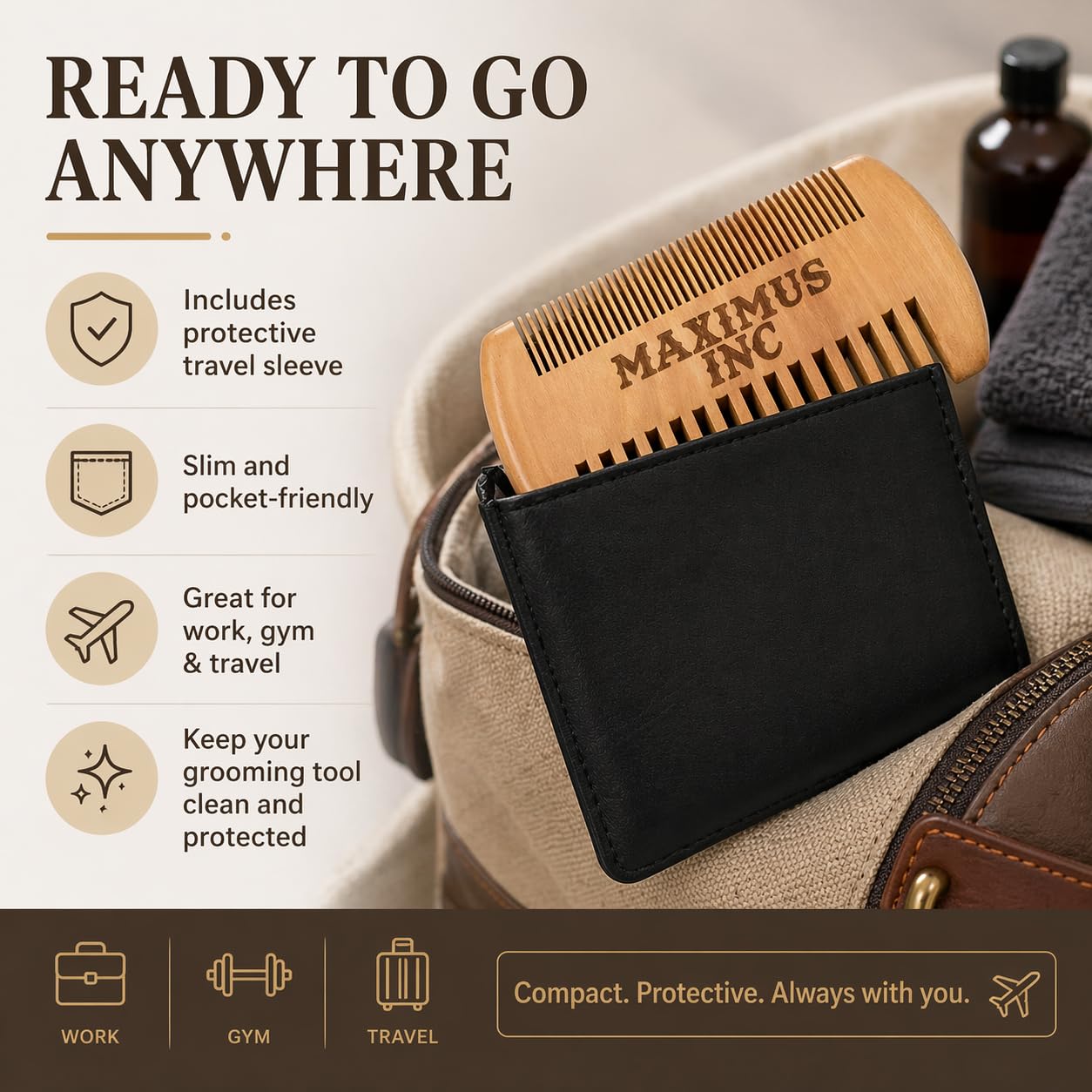 Maximus Wooden Beard Comb & Hair Pick for Black Men — Anti-Static Bamboo Beard Detangler for Thick & Curly Hair — Strong Fine & Wide Tooth Pocket Comb with Leather Travel Case