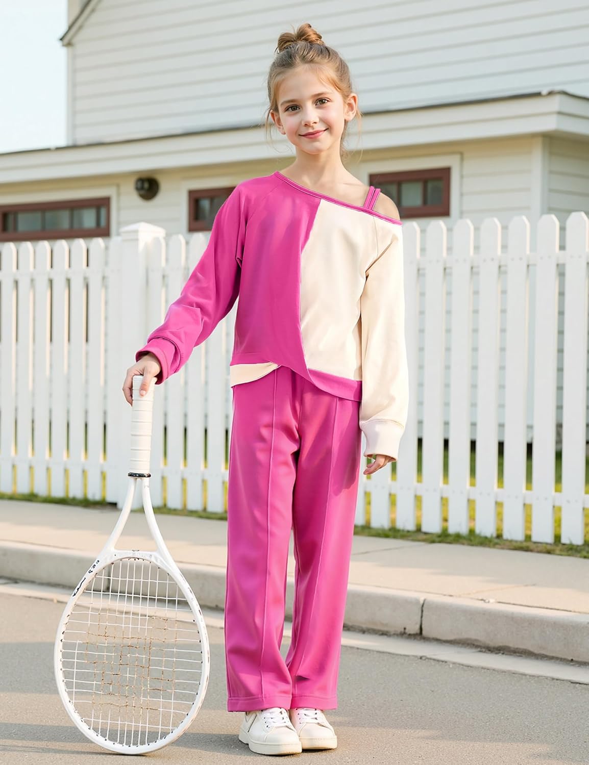 Girls Clothes Twist Knot Color Block Loose Fit Cold Shoulder Top and Solid Color Wide-lege Pants Outfits Size 6-16 - Image 4