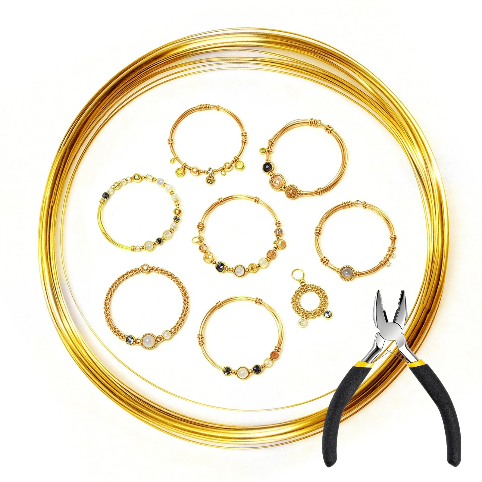 Worldity 16 Gauge Tarnish Resistant Copper Wire, 15M/49.21Ft Gold Jewelry Craft Wire with Pliers, Heavy Duty Yellow Brass Craft Wire for Electroculture Gardening, Jewelry Making, DIY Creative Project