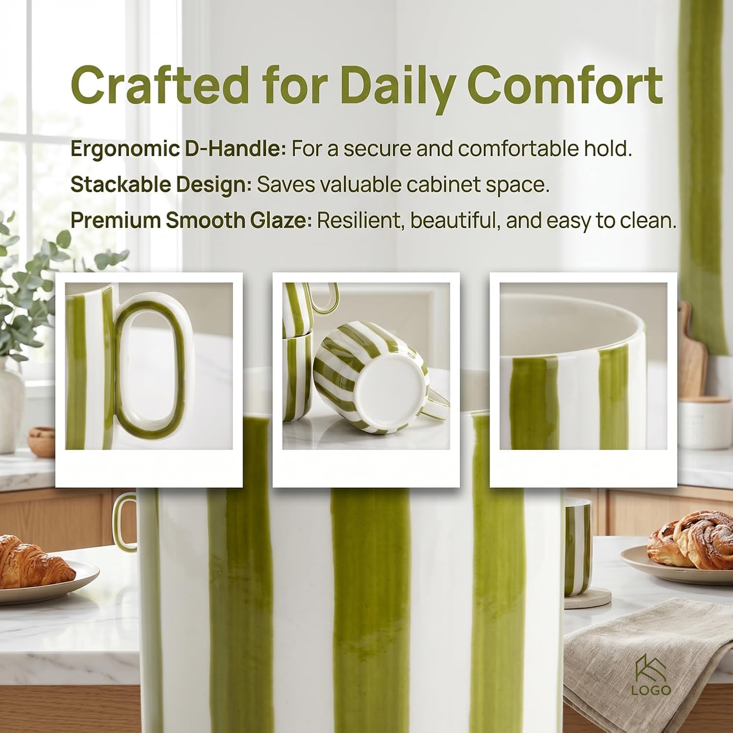 Ceramic Coffee Mugs Set of 4, 15 oz Stoneware Coffee Cups with Handle, Aesthetic Green Stripe Latte Tea Mug for Latte Tea Hot Chocolate, Microwave and Dishwasher Safe (15 oz)