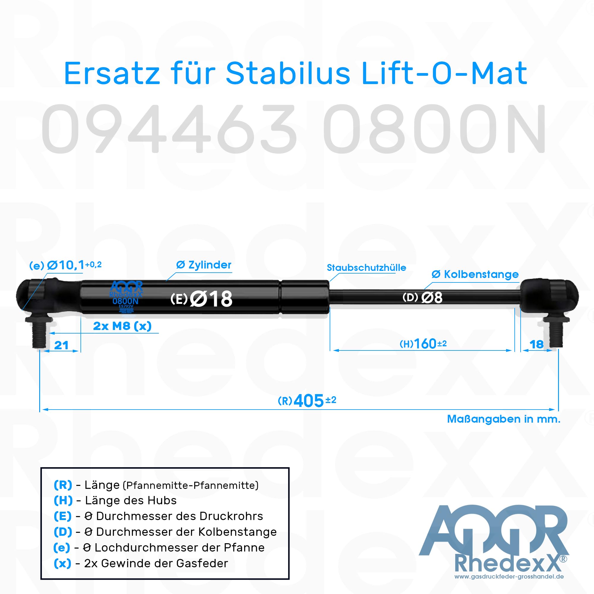Molle a gas 094463 0800N di ricambio per Stabilus Lift-O-Mat, molla a gas con giunto angolare M8, testa sferica, giunto sferico, lunghezza 405 mm, corsa 160 mm, forza 800 N (800 N – 094463)