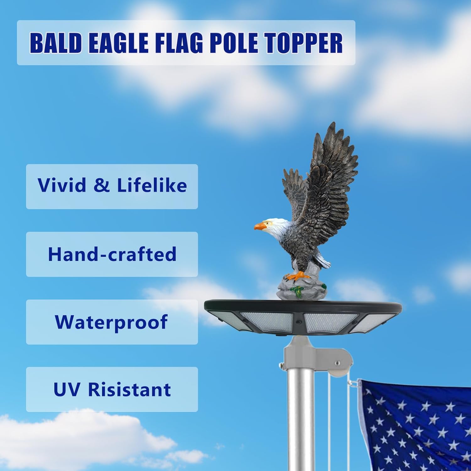 Eagle Flag Pole Topper Outdoor, Eagle for Flag Pole Top, Bald Eagle Flag Topper, Durable Resin Construction, Flying Design & Hand-Painted
