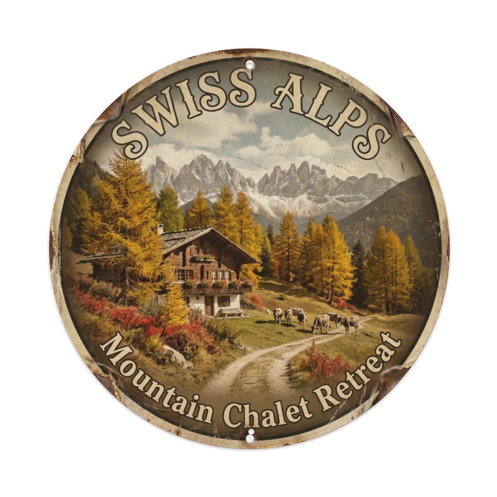 Vintage Travel Swiss Alps Autumn Chalet Metal Tin Sign Plaque Wall Decor for Cafe, Club Bar, Office, Home Garden Round Metal Poster 8x8Inch