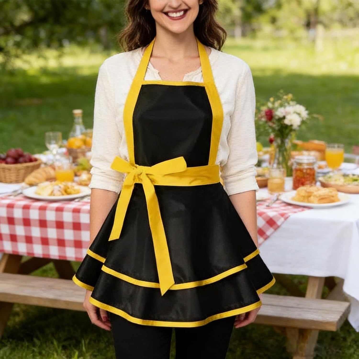 Violet Mist Cute Lovely Retro Aprons for Women Girls Lady Sexy Vintage Aprons Black Yellow Vintage 50s Apron Halloween Christmas Apron Cooking Kitchen Ruffle Apron for Housewife Waitress Mother's Gift image 2