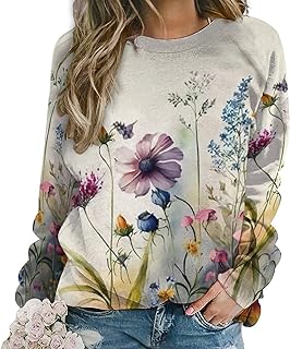 ZOCAVIA Womens Boho Floral Sweatshirts Novelty Graphic Crewneck Long Sleeve Shirts Oversized Fall Casual Flower Pullover Tops