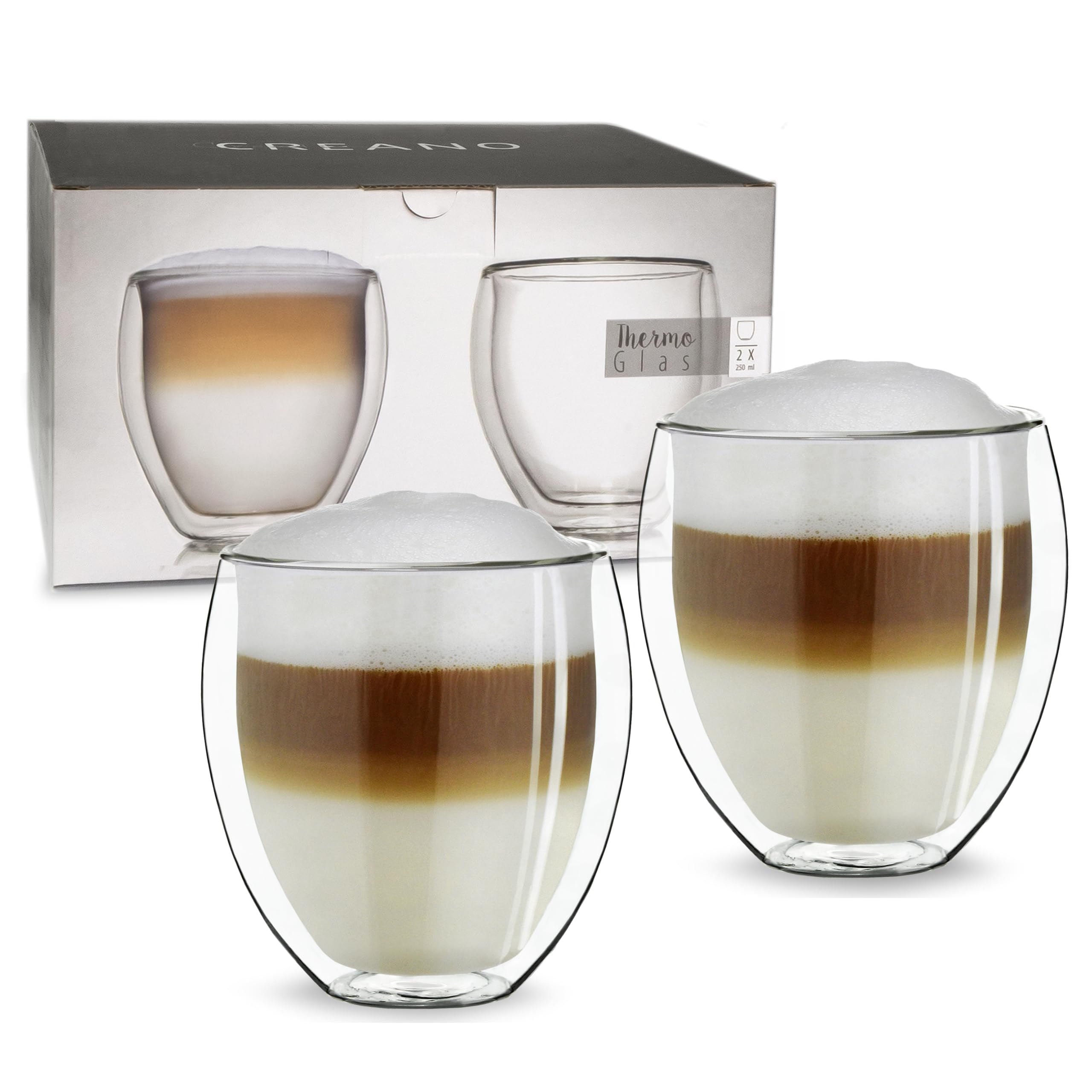 Creano doppelwandige Gläser 250ml „DG-Bauchig“, 2er Set, großes Thermoglas doppelwandig aus Borosilikatglas, Kaffeegläser, Teegläser, Latte Gläser, Doppelwandgläser Küche, Haushalt & Wohnen