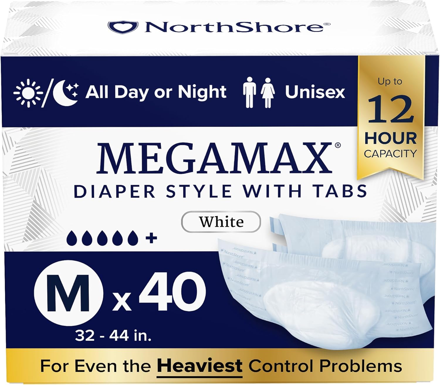 NorthShore MegaMax Adult Overnight Diapers, 12-Hour Tab-Style, Medium, 40 Count Case, White, 32-44 inches, Unisex Incontinence Underwear