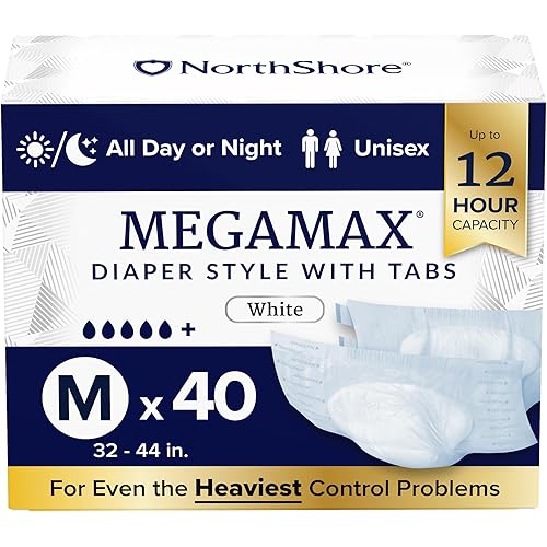 NorthShore MegaMax 12-Hour HBL Adult Diapers for Heavy Bladder Leaks, Medium, 40 Count, White, 32-44 inches, Tab-Style Incontinence Underwear for Men, Women & Teens