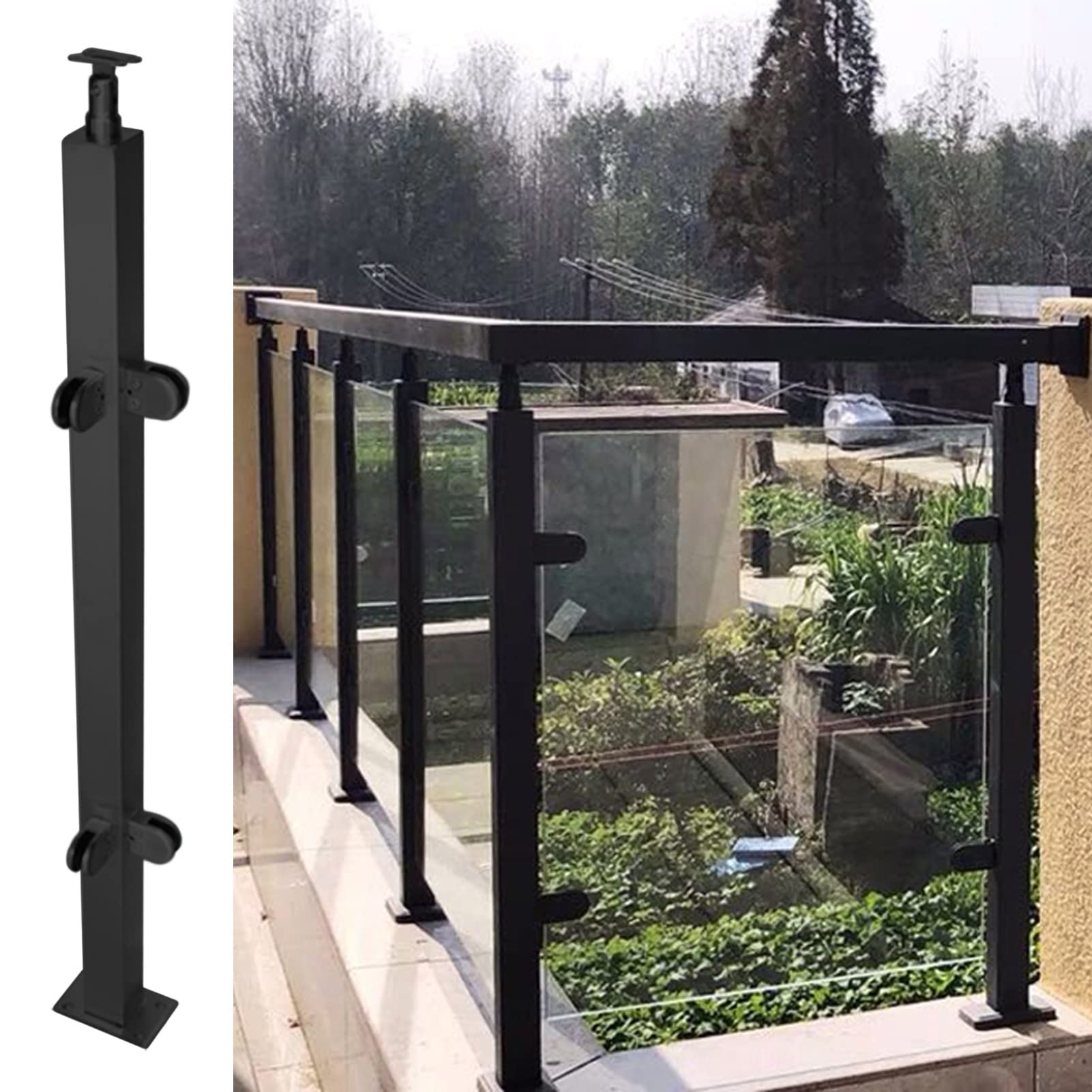Poteau garde-corps verre noir pour sécuriser les escaliers et terrasses de porche
