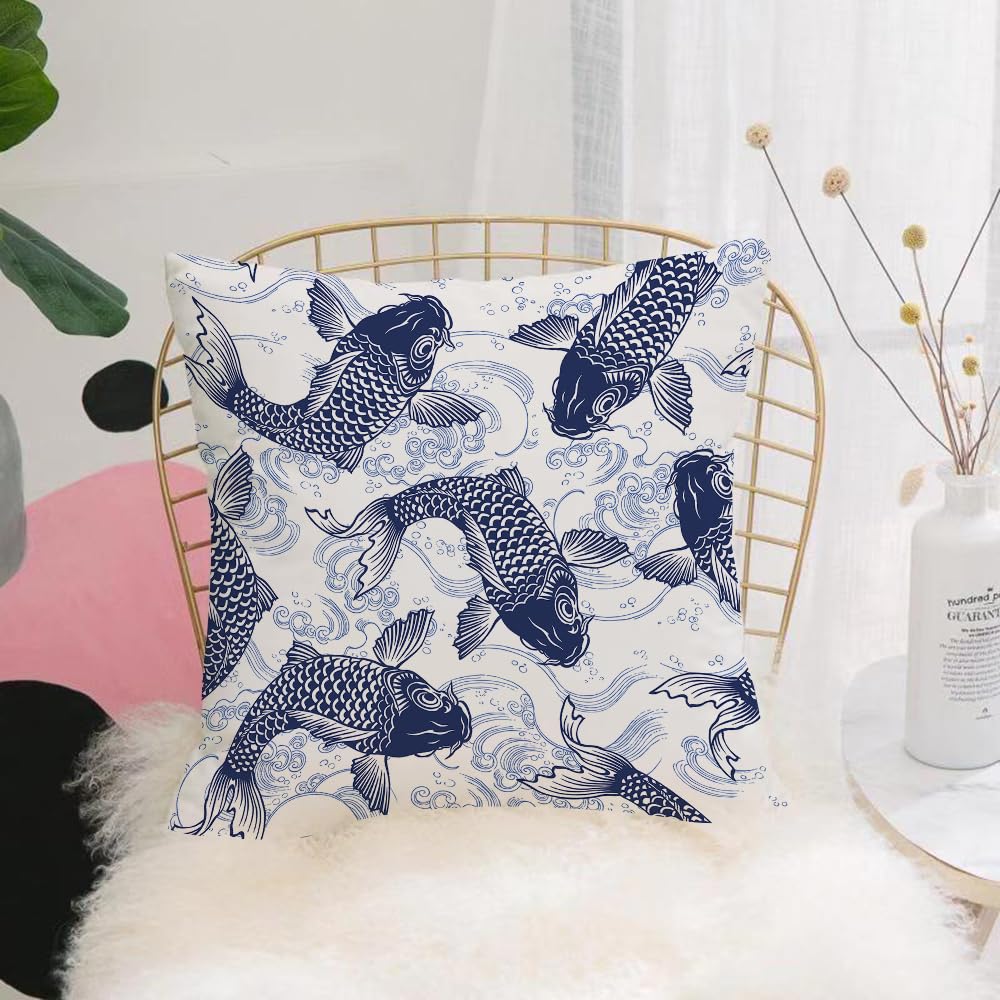 HYOSXW Cushion Cover,Throw Pillow Case Home Decorative for Living Room Bedroom Sofa Chair 16X16 Inch,Oriental style blue carp and koi on white background,Pillowcase 40X40cm