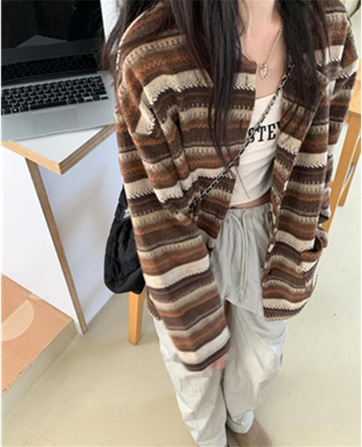 Women's Stripe Cardigan Sweaters Crewneck Long Sleeve Loose Casual Knitted Cardigans - Image 2