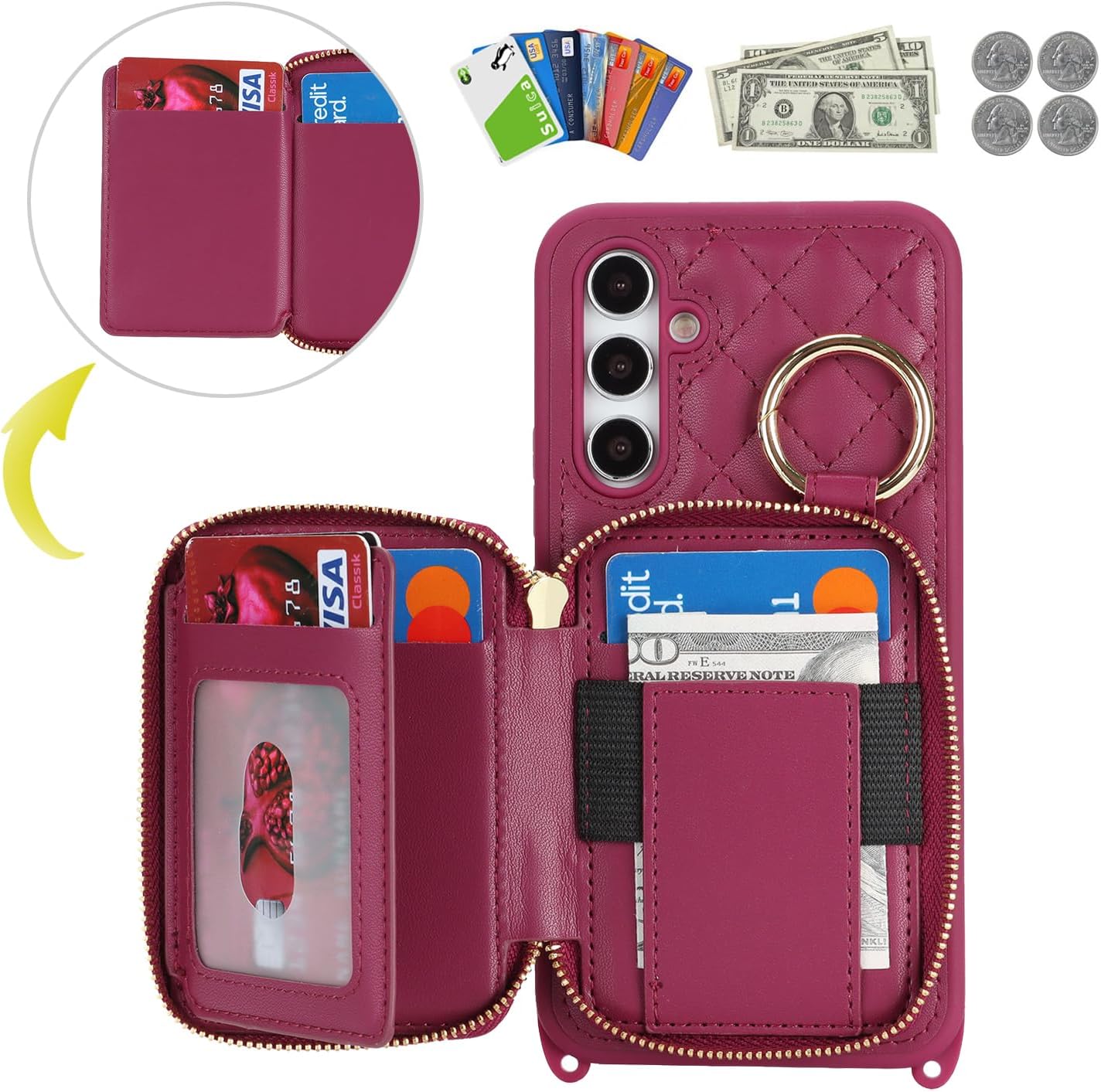 Crossbody Wallet Case for Galaxy A54 5G, PU Leather Zipper Handbag Purse Flip Cover, Kickstand Folio Case with Card Slots Holder Wrist Strap Lanyard -Dark red