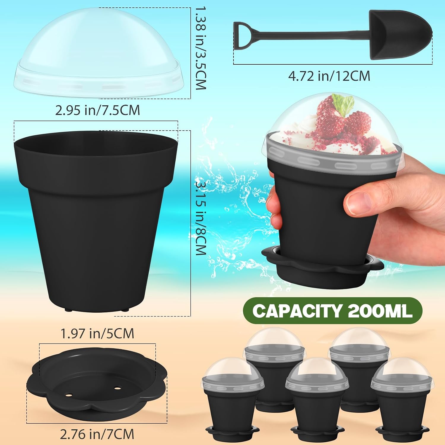 Honeydak 25 Pack Flowerpot Dessert Cup Plastic Cake Cups with Lid Shovel Spoon Mini Flower Pot Dessert Cups Ice Cream Yogurt Cupcake Holder Containers for Birthday Party Supplies DIY Baking (Black) image 3