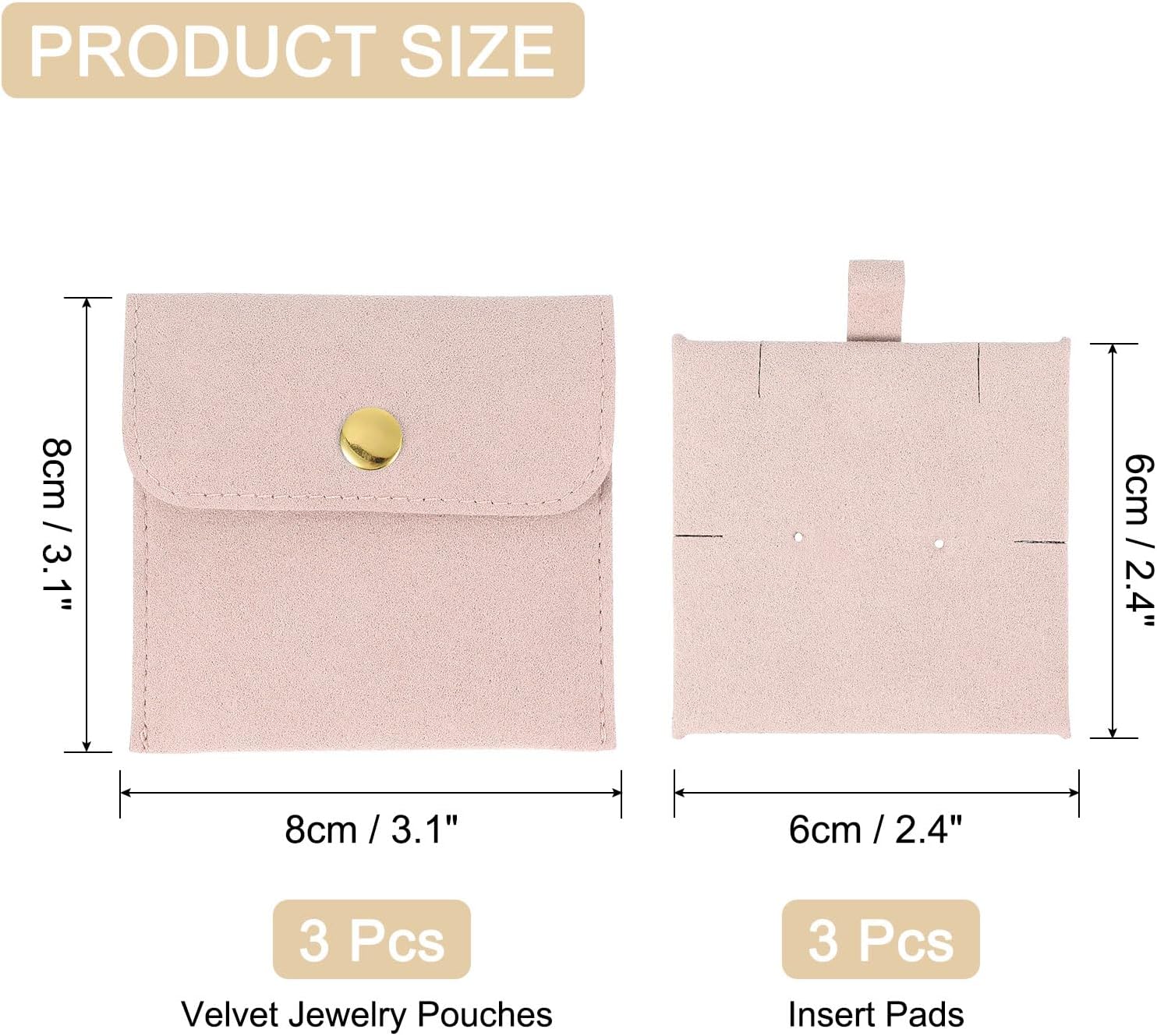 uxcell 3 Pcs Microfiber Jewelry Pouches with Insert Pad, 8 x 8cm Snap Button Jewelry Velvet Gift Bags Organizer for Rings Necklace Bracelet, Pink image 2