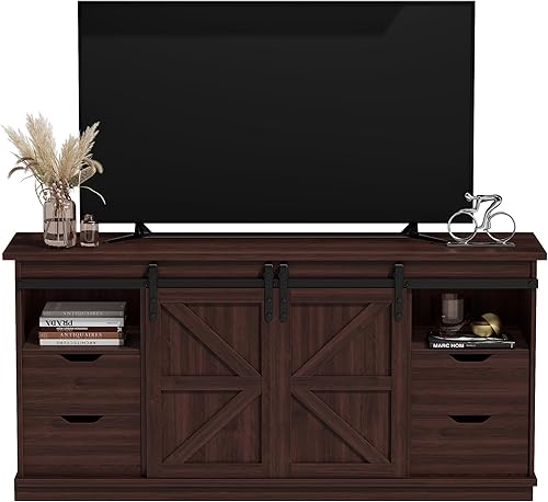 Vista 11 de JUMMICO Soporte de TV con 4 cajones para TV de 65 pulgadas, centro de entretenimiento de granja con almacenamiento y puertas corredizas de granero