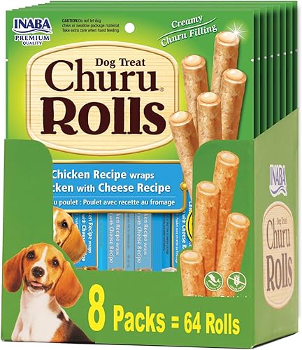 INABA Churu Rollos para perros sin granos, pollo horneado suavemasticable, golosinas para perros rellenas de Churu, 0.42 onzas cada palo, 64