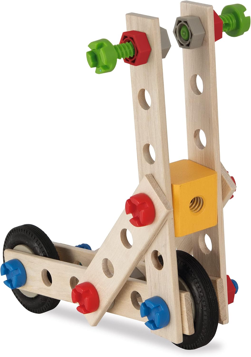 An assembled wooden scooter from the Eichhorn Constructor kit, viewed from the side, showing the wheels, wooden frame, and colorful plastic bolts.