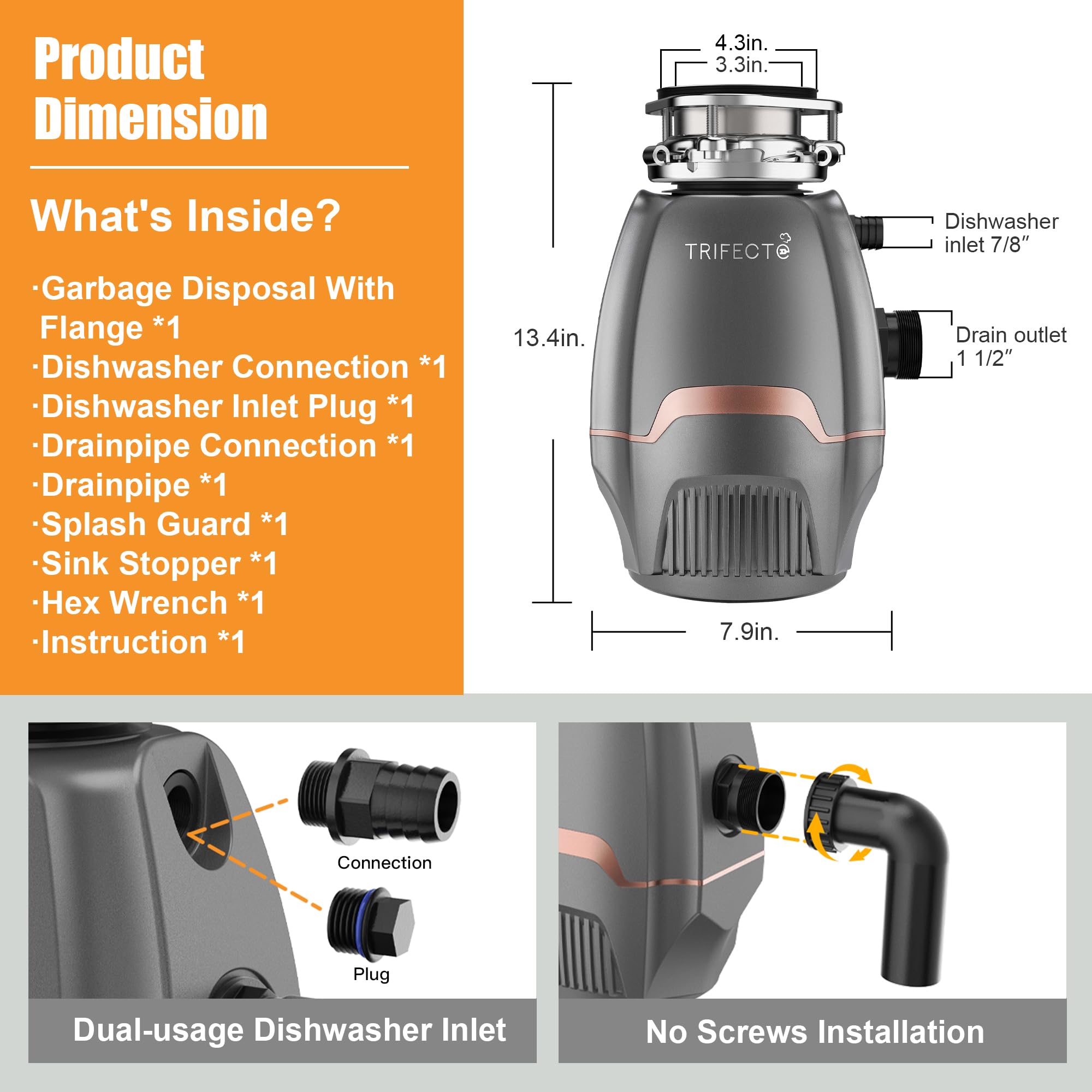 Trifecte Pro - Triturador de basura de 3/4 HP con reducción de sonido, eliminación de residuos de alimentos con cable de alimentación, gancho para lavavajillas