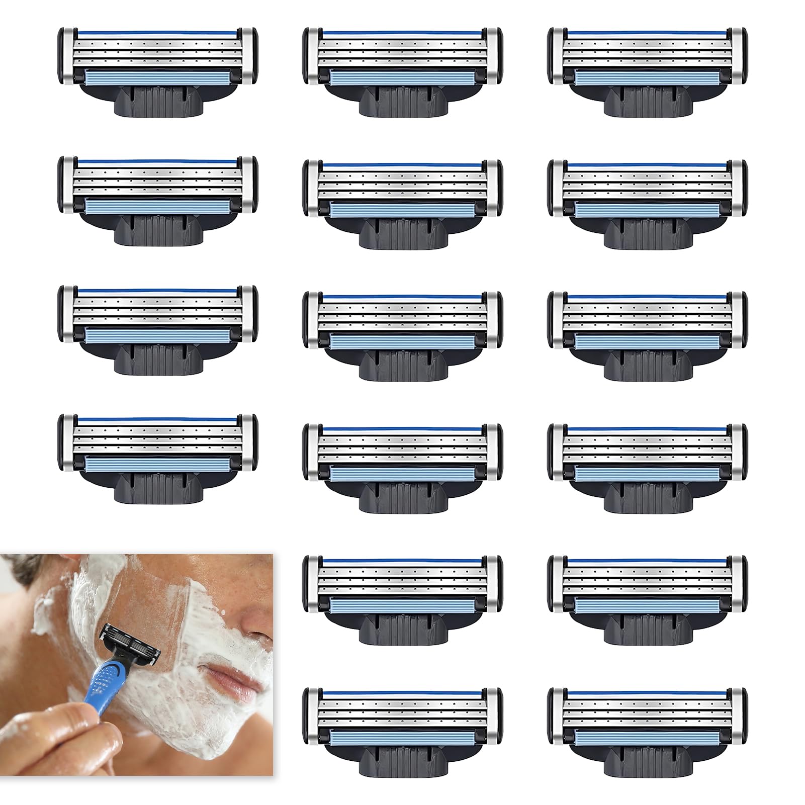 16 Pcs Razors for Men, Razor Blades Refills, 3-Layer Shaver Blades with Double Lubrication Strip, Premium Quality Replacement Blades for Smooth Shaving for Daily Use