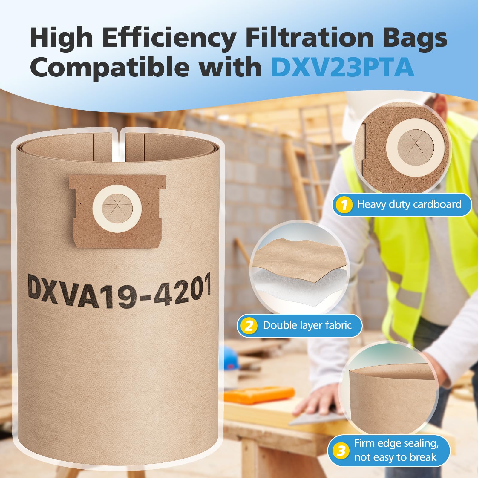 iSingo 9 sacchetti per aspirapolvere compatibili con aspirapolvere DEWALT DeWalt DXV23PTA 23L DXV38S 38L DXV20PA 20L, DXV34P, DXW38P, DXV30S, sacchetti di ricambio ad alta efficienza, da 6 a 10