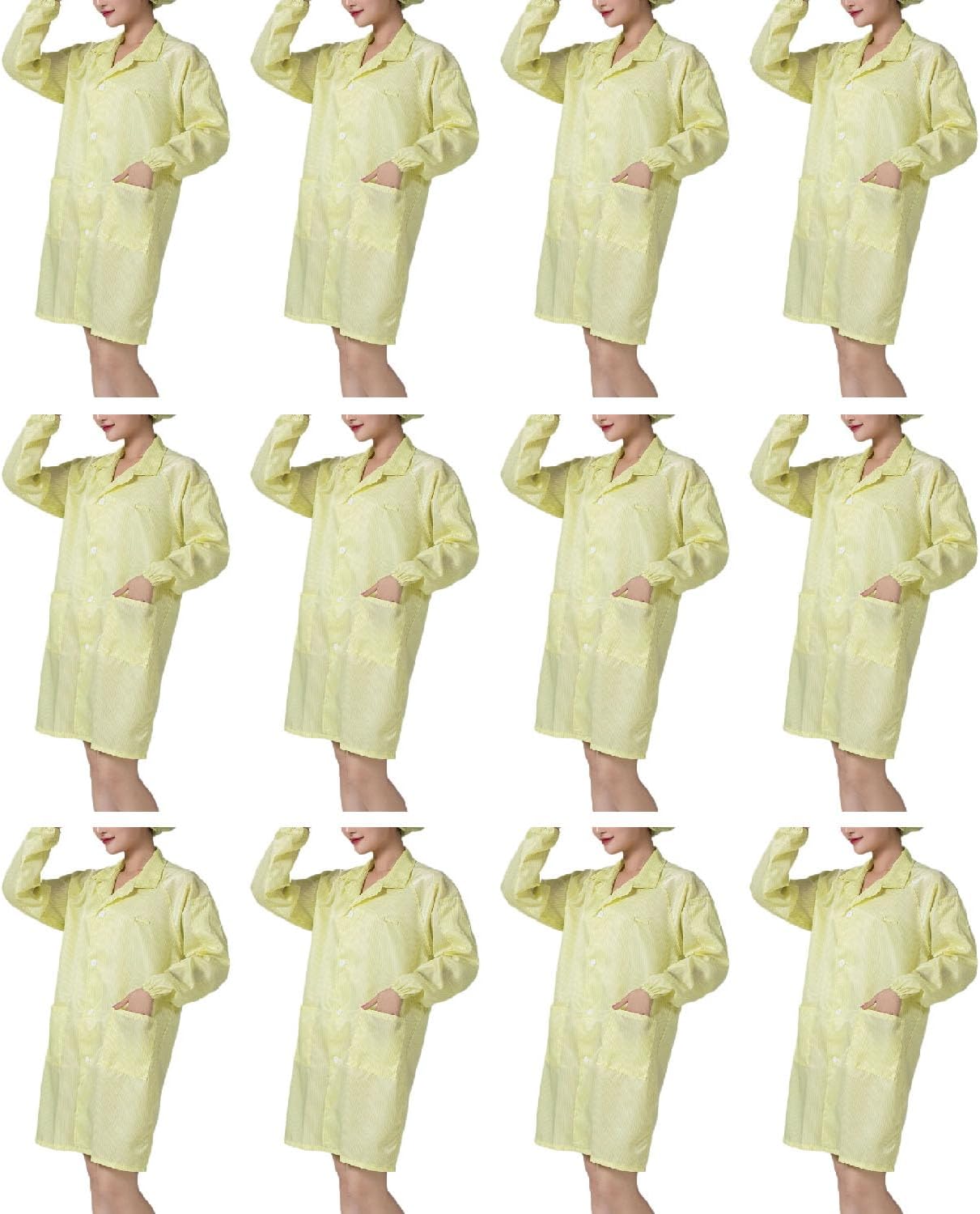 12 Pack Yellow Lab Coats with Hat, Dustproof Workwear for Laboratory