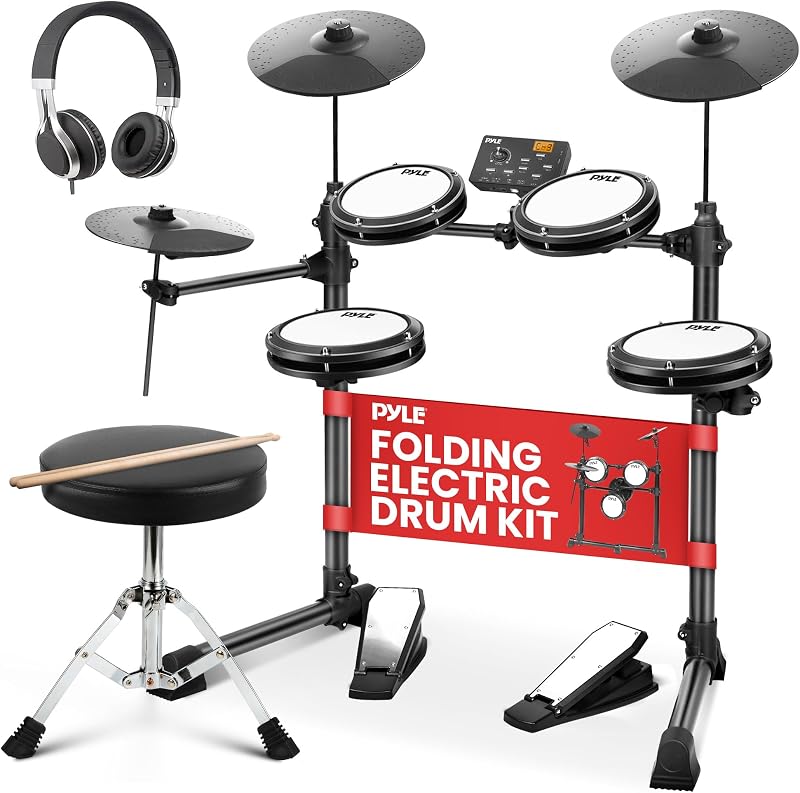Batería Electrónica con 4 Pads de Malla Silenciosos, 180 Estilos de Sonido, 3 Platillos, 2 Pedales, Trono, Auriculares, Baquetas, AUX, USB MIDI, Batería Eléctrica para Principiantes Estudiantes Profesionales