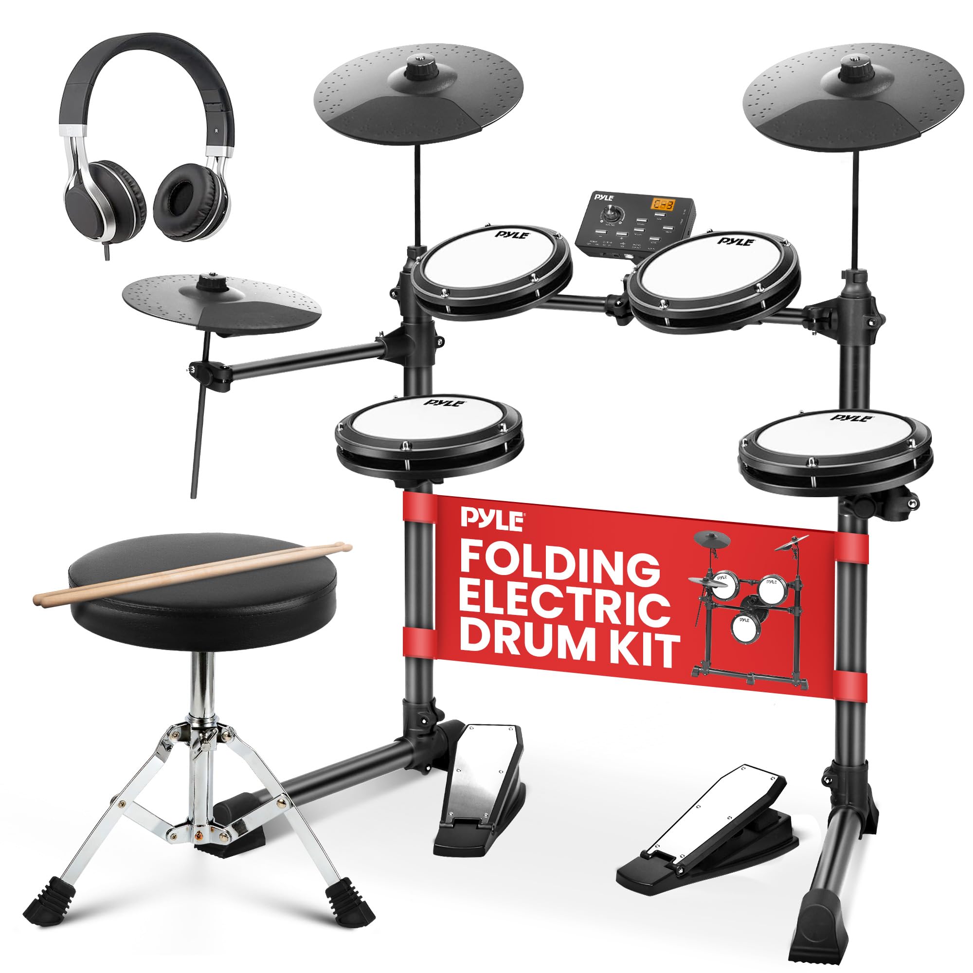 Pyle Electronic Drum Set with 4 Quiet Mesh Pads, 180 Sound Styles, 3 Cymbals, 2 Pedals, Throne, Headphones, Sticks, AUX, USB MIDI, Electric Drum Kit for Beginners Students Professionals