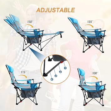 Reclining Camping Chair with Removable Footrest Lounge Chair with Headrest, Cotton Cushion, Portable Adjustable Folding Chairs for Adults Blue
