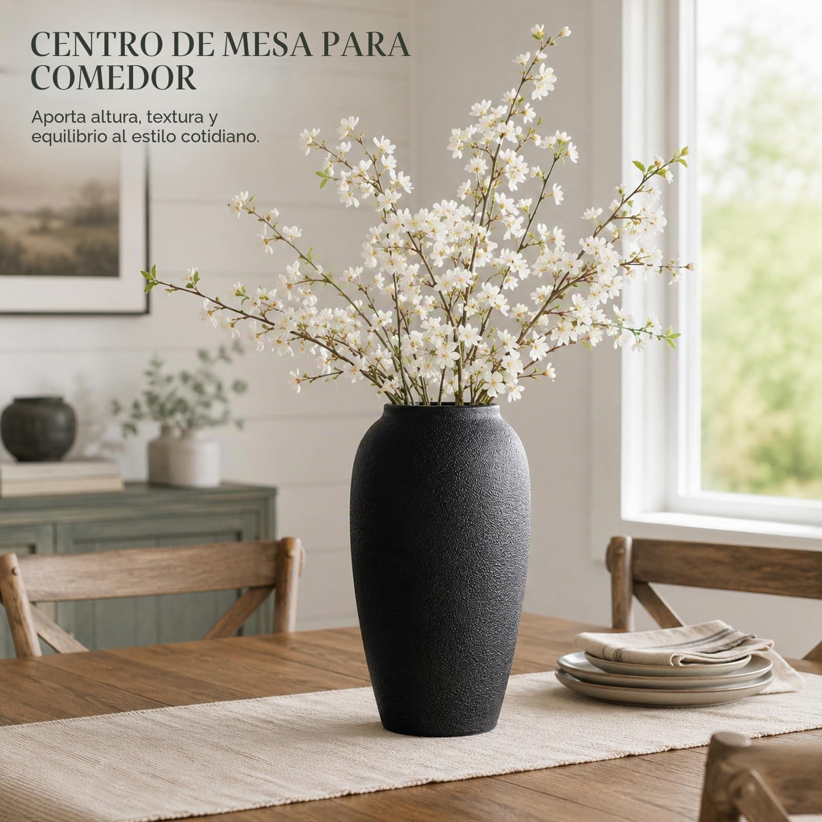 Jarrón de cerámica rústico – Jarrón grande de cerámica negra de 13.8 pulgadas para decoración del hogar, jarrón moderno de terracota para sala de estar, entrada, cocina, jarrones negros para centros