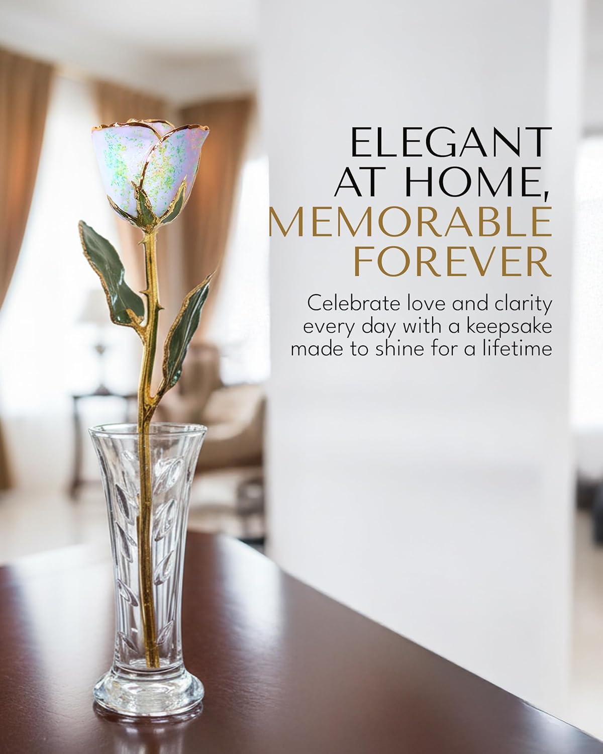 Forever Rose Hand-Dipped in 24K Gold, Opal-Inspired October Birthstone with Sparkles, Real Rose in Luxury Gold Gift Box & Clear Glass Bud Vase – Perfect Ready for October Birthday or Any Occasion