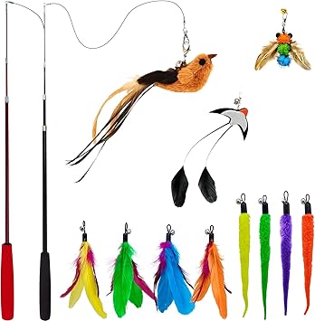 miwoowim Interactive Cat Wand Toy Set, 2 Telescopic Rods & 11 Attachments | Teaser refills for indoor cats,2 retractable fishing poles with worm,bird & feather toys replacement. Durable cat string toy