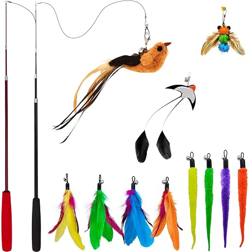 miwoowim Interactive Cat Wand Toy Set, 2 Telescopic Rods & 11 Attachments