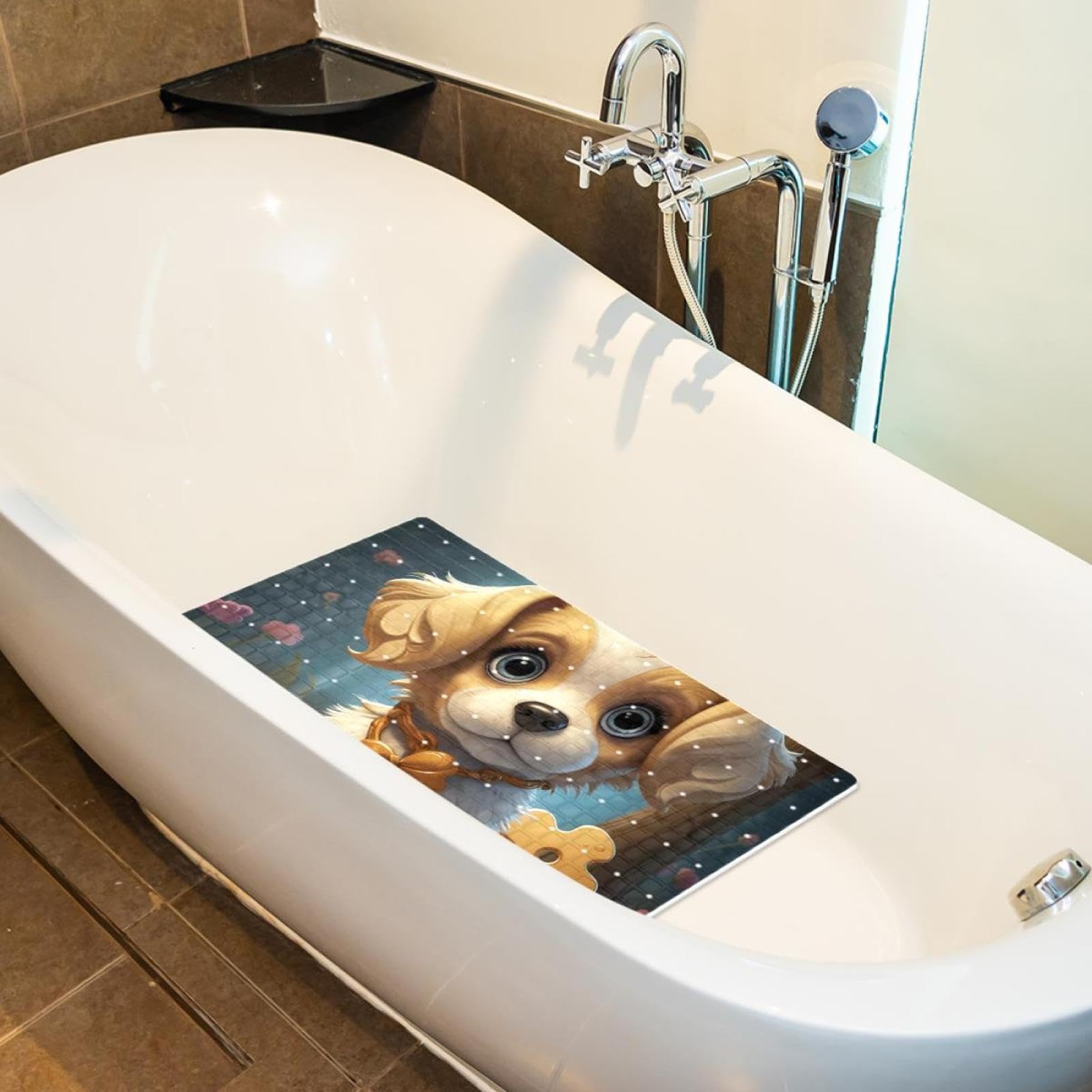 Badematte mit Cartoon-Welpen-Motiv, Duschmatte für Innendusche, rutschfeste PVC-Badewannenmatten für Badezimmer, nasse Duschbereiche (38,5 x 68 cm)