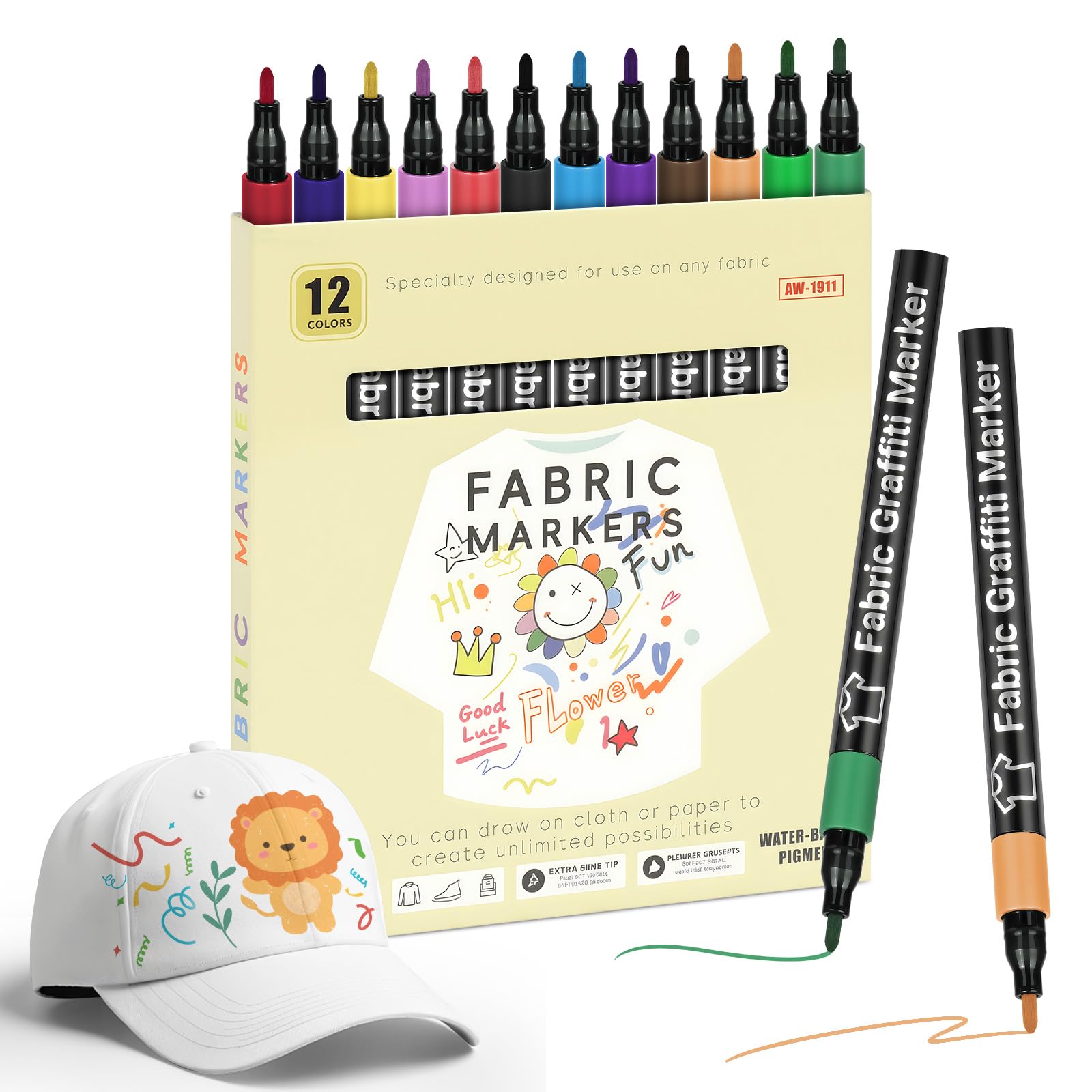 Marcadores de Tela, 12 Colores Rotuladores para Tela, Rotulador Permanente con Punta Fina, Lavables a Máquina, No Tóxica para Camisetas, Bolsas, Tote Bag y Otros Tejidos - Para Niños y Adultos