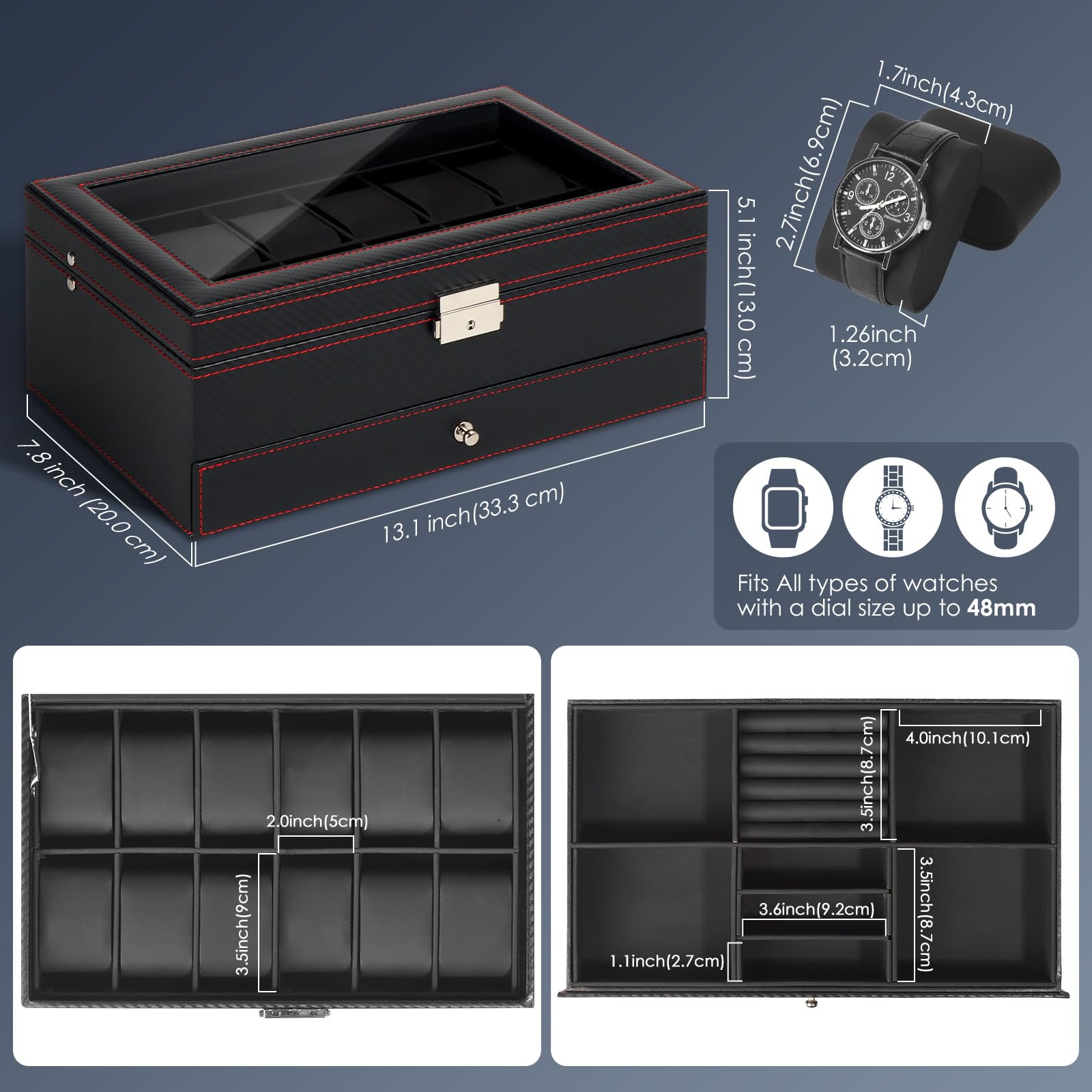 Boîte à montres et bijoux, rangement pour 12 montres sur 2 niveaux avec grand couvercle en verre, coffret de rangement pour montres homme avec serrure, présentoir pour montres, cadeau pour homme et