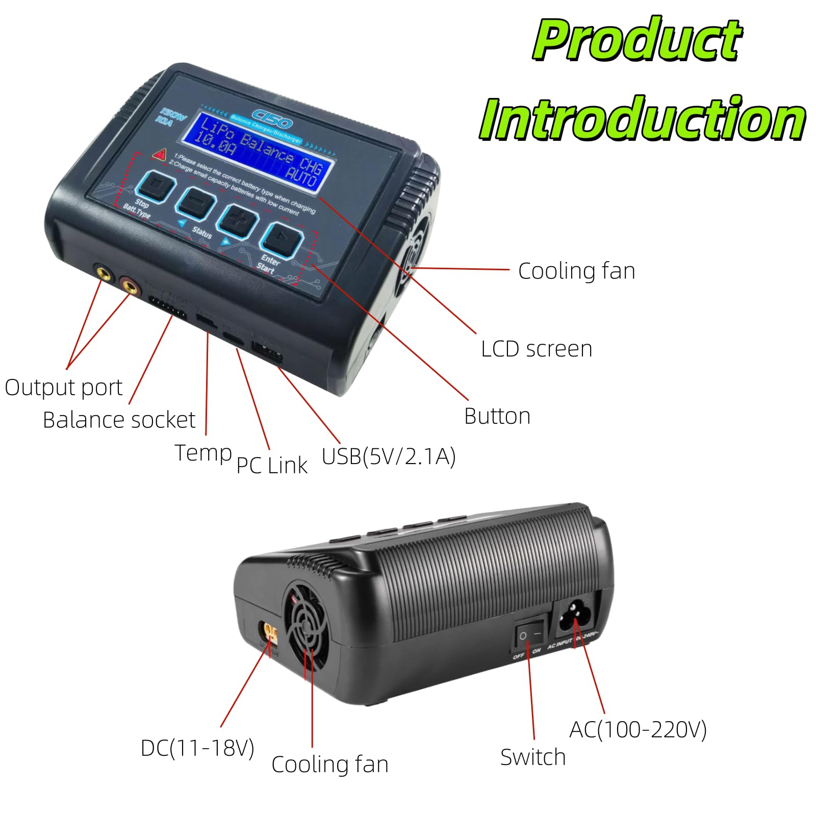 Ładowarka C150 150 W 10 A, inteligentna, rozładowująca, ładowarka RC do akumulatorów LiPo Li-ion LiFe LiHV NiMH NiCd PB, ze sterowaniem za pomocą ekranu LCD, wieloma interfejsami i portem USB