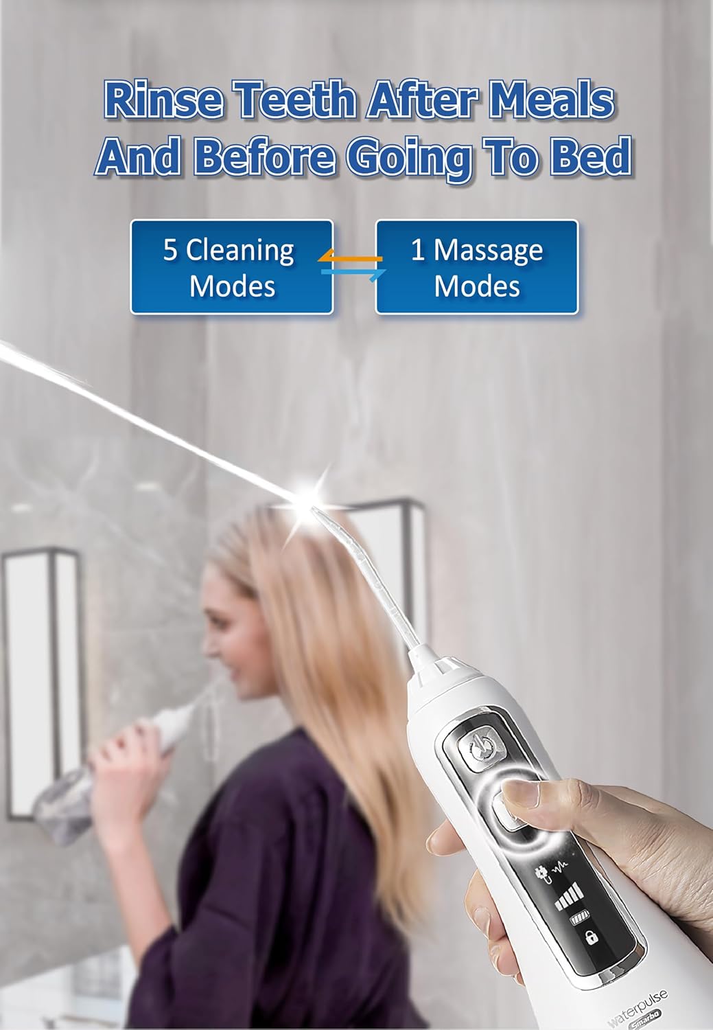 Waterpulse Smarbo V580 Water Flosser in use, showing a person flossing their teeth after meals and before bed, highlighting the 5 cleaning modes and 1 massage mode.