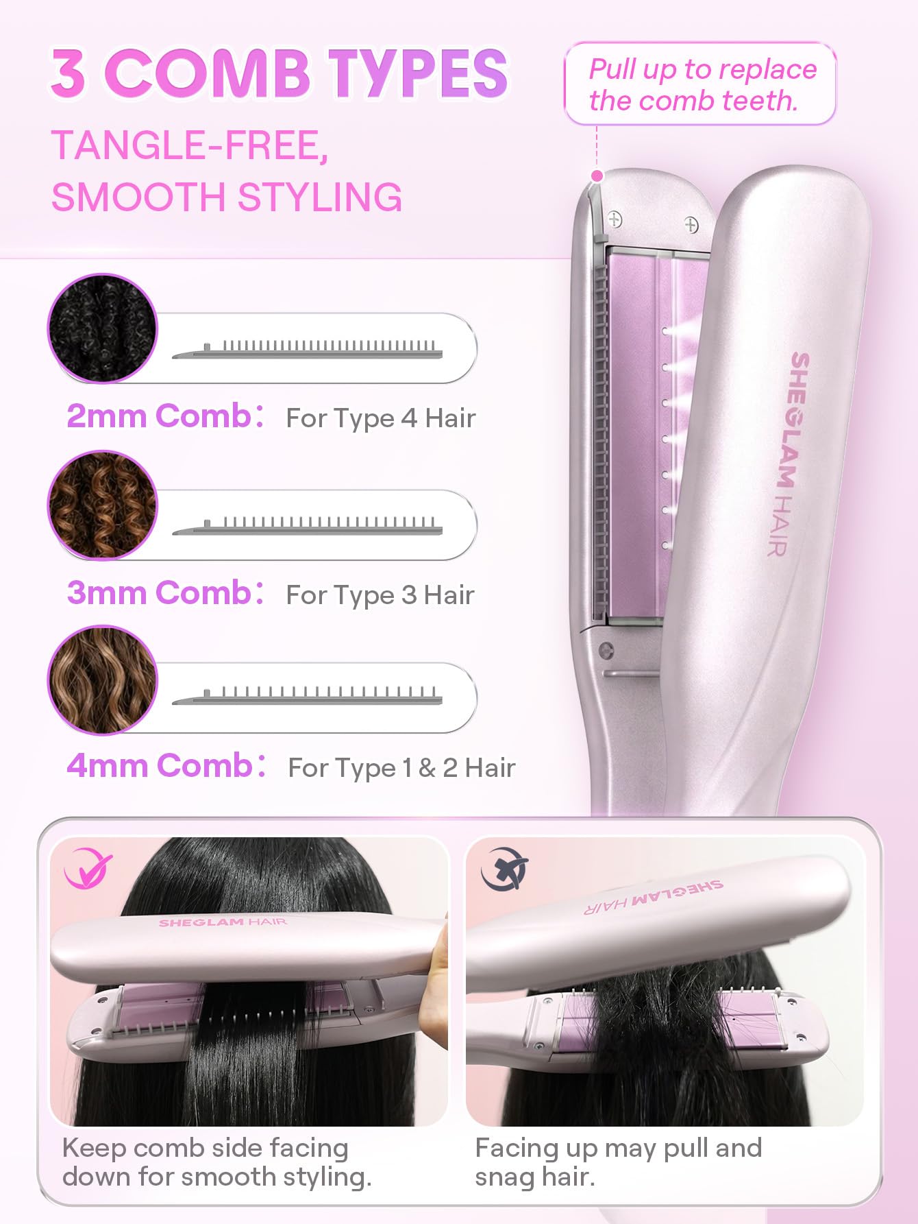SHEGLAM Dampf-Glätteisen, Keramik-Glätteisen 38 mm | Nano-Dampf Anti-Scald, 90% weniger Hitzeschäden, 3 Dampfstufen, 3 Kämme für 2B-4C, Dual Voltage, langer Halt