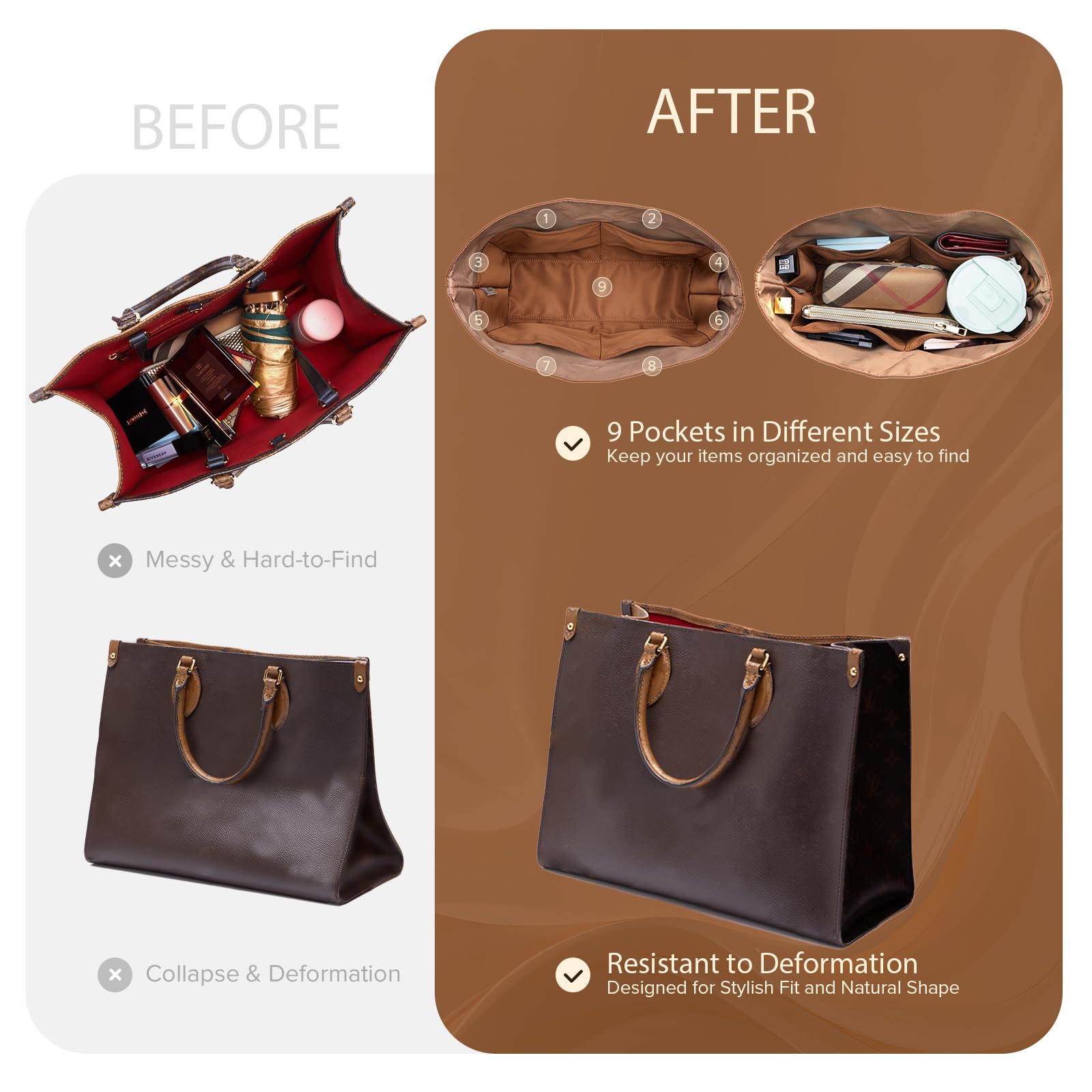 Organizador impermeable para bolso LV On The Go (marrón, grande, GM)