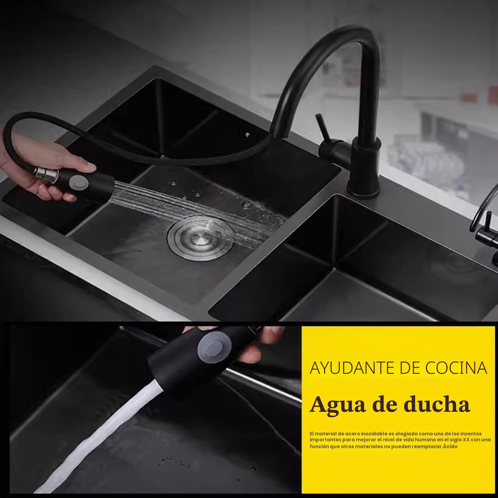 Fregadero De Cocina De Dos Senos Fregadero De Acero Inoxidable Negro Fregadero De Cocina Grifo Extraíble Negro Accesorios Completos(82x45x22cm)