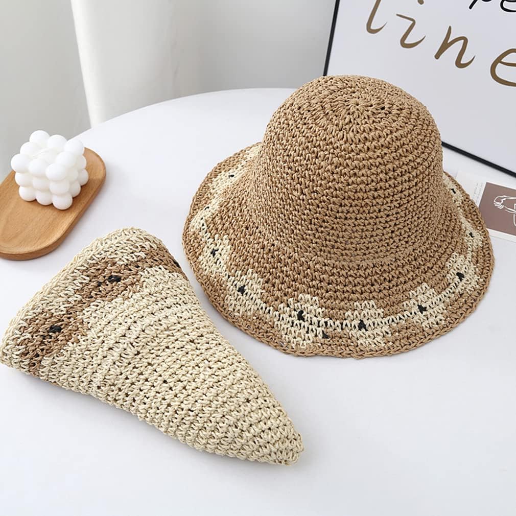 Women Brown Beige 2PCS Summer Soft Straw Hat Small Flower Woven Basin Hats Vacation Beach Hat Foldable Sunshade Hat Cap