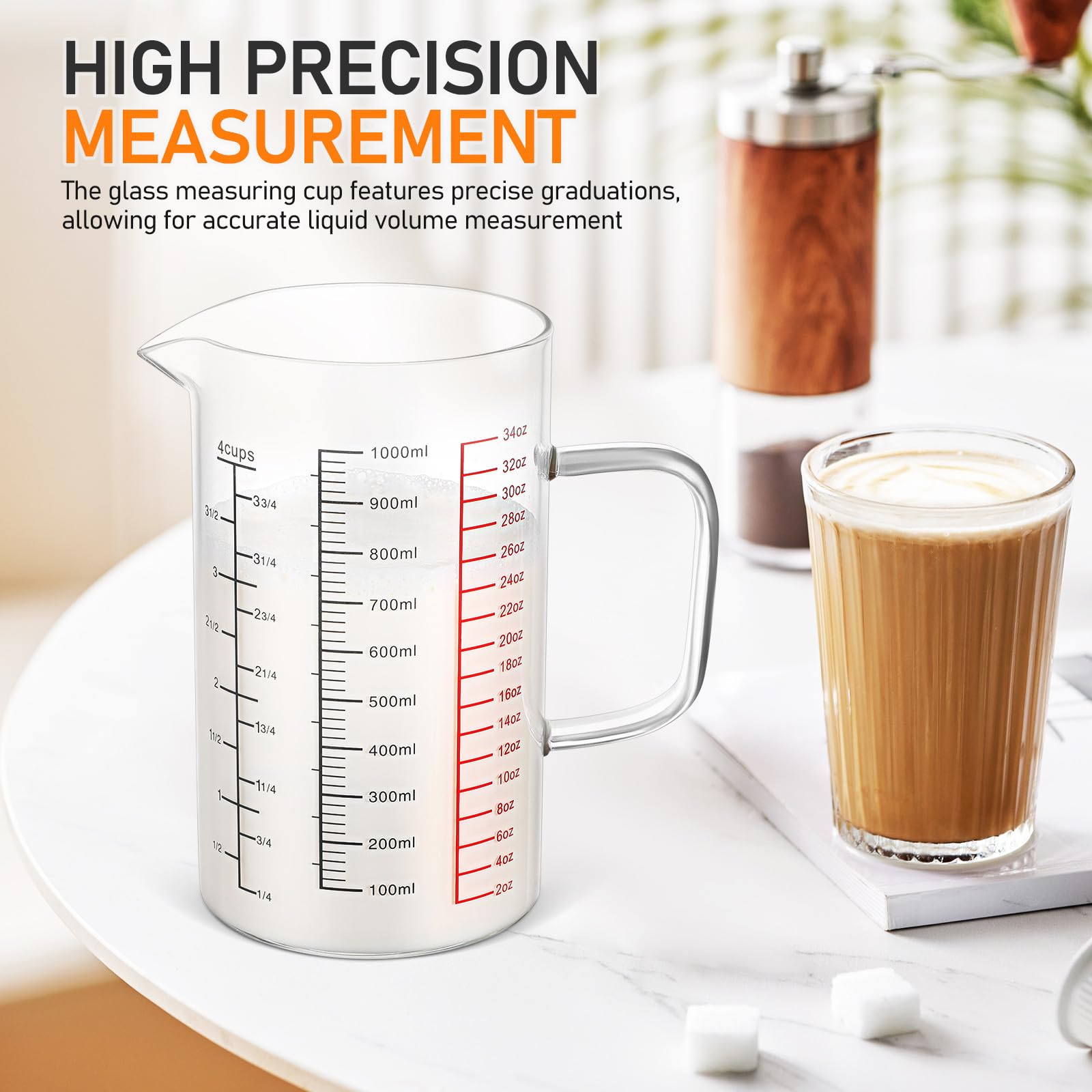 STOBAZA Taza Medidora de Vidrio de 1000 Ml con Asa, Vaso Graduado Multifuncional con Cuatro Escalas (ml, Onzas, Tazas), Resistente Vidrio de Borosilicato, Adecuado para Repostería y