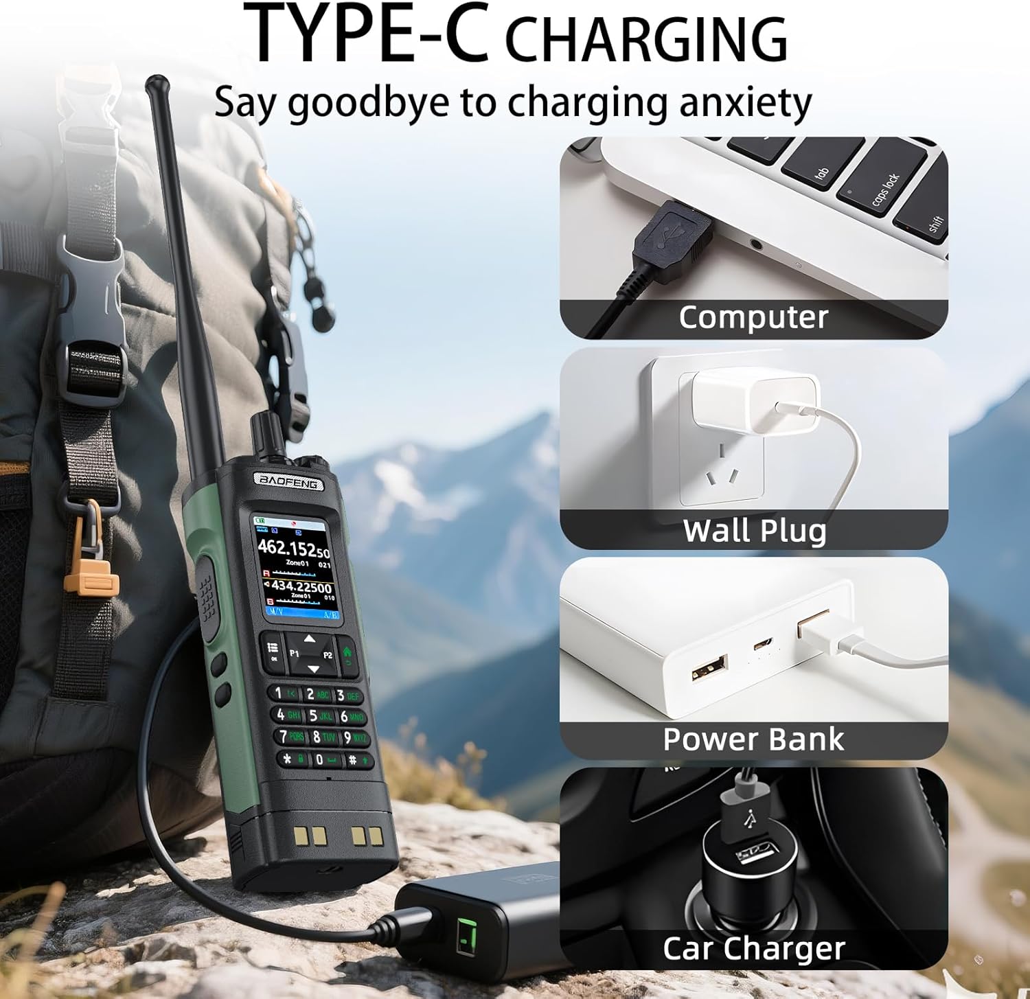 BAOFENG UV-32 radio connected to a USB-C power bank, with illustrations of charging via wall plug, computer, and car charger.