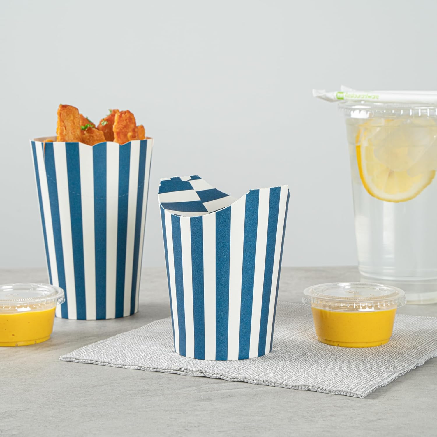 Restaurantware Bio Tek 16 Ounce French Fry Cups 100 Disposable French Fry Holders - With Fold-Down Cover Tab Lock Closure Striped Paper Fry Cups For Onion Rings Chips or Popcorn Stackable